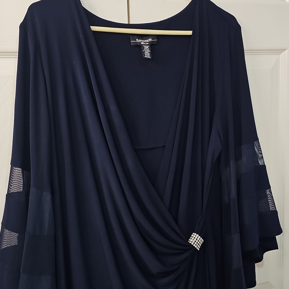 NWT 18W R&M Richards Navy Rhinestone Faux Wrap Belle Sleeve Dress Wedding Dressy - Picture 4 of 15